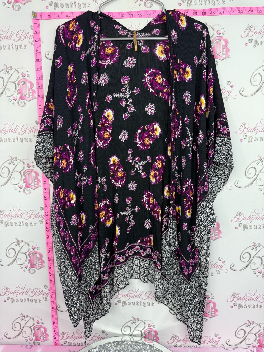 Harlow Black Floral Open Front Cardigan with Purple and Yellow Accents